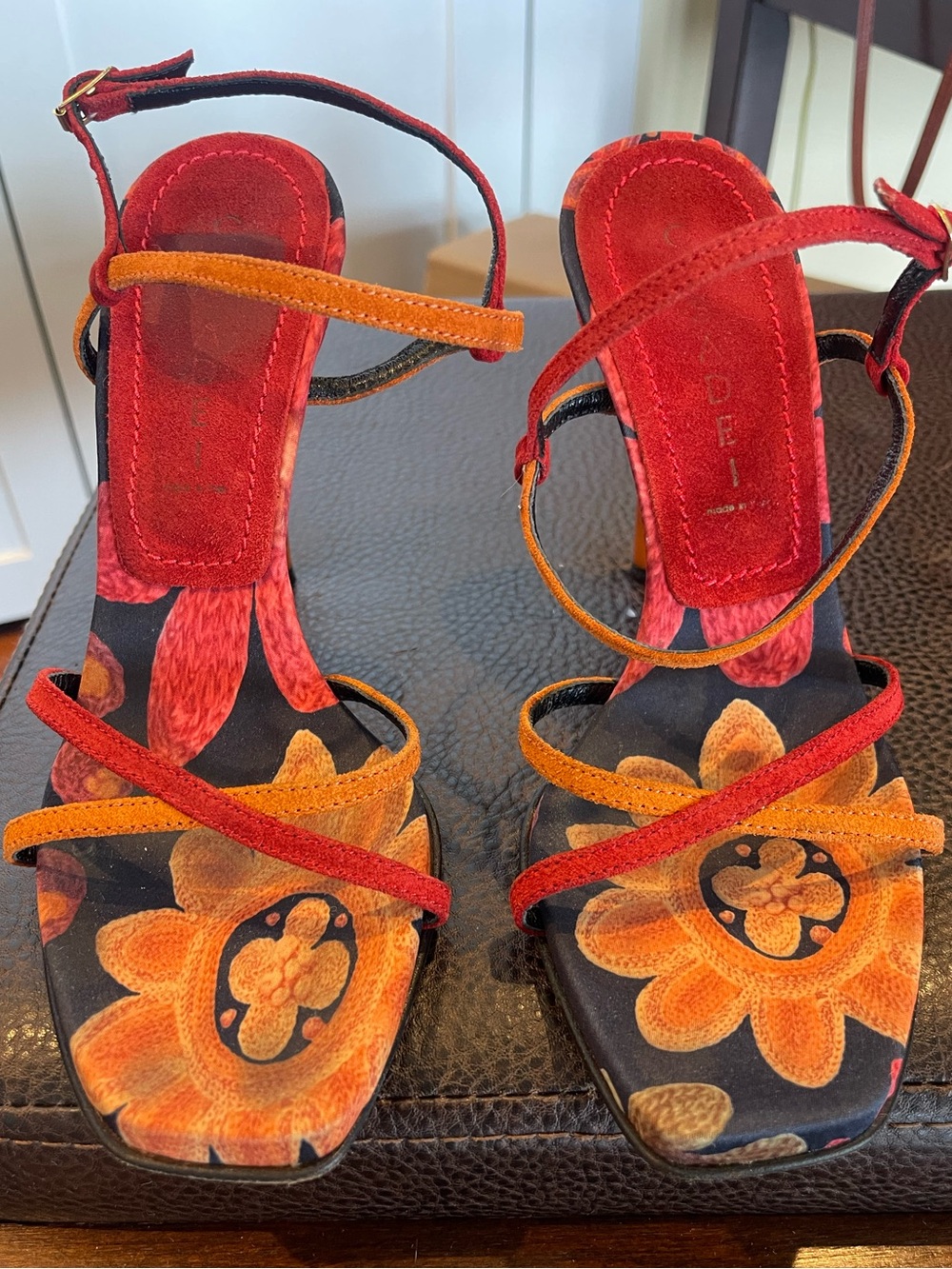 Vintage Casadei Floral & Suede Strappy Heels Sandals Made in Italy Size 6